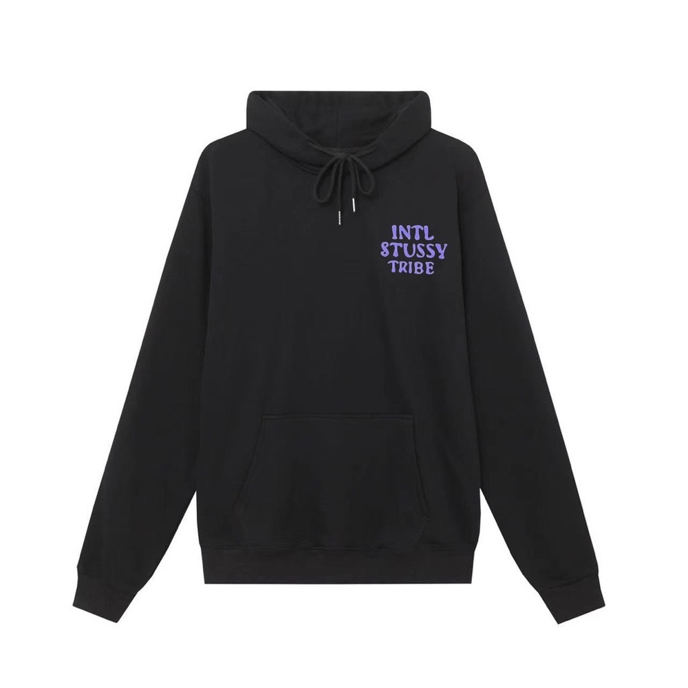 Stussy Black Hoodie with Purple Chest 'Intl Stussy Tribe' Print